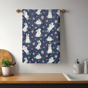 Cute Girly Easter Bunny Rabbit Modern Pink Floral Tea Towel