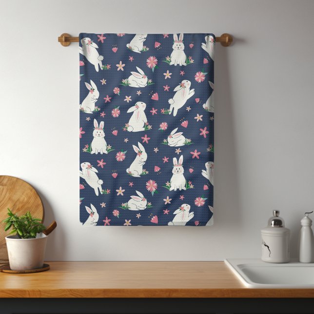 Cute Girly Easter Bunny Rabbit Modern Pink Floral Tea Towel (Creator Uploaded)