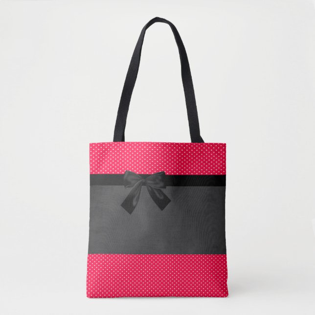 Cute Girly Elegant Red Polka Dots -Black Bow Tote Bag (Front)