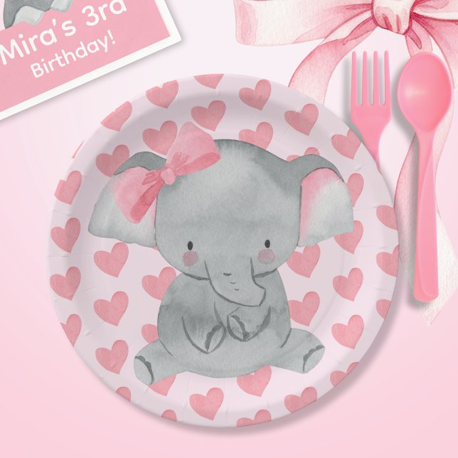 Cute Girly Elephant Pink Bow Birthday Party  Paper Plate (Creator Uploaded)