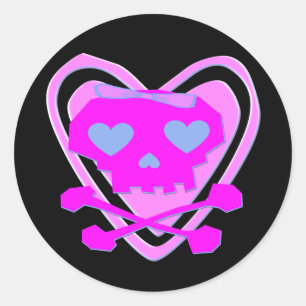 CUTE & GIRLY EMO SKULL & CROSSBONES CLASSIC ROUND STICKER