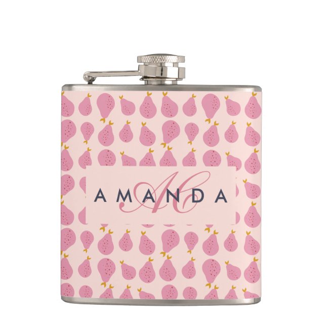 Cute Girly Feminine Pear Monogrammed Initial Gifts Hip Flask (Front)