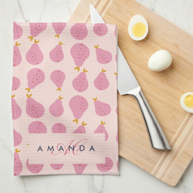 Cute Girly Feminine Pear Monogrammed Initial Gifts Tea Towel (Quarter Fold)