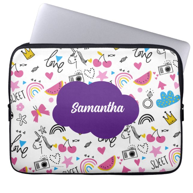 Cute Girly First Name Pink Back to School Script Laptop Sleeve (Front)