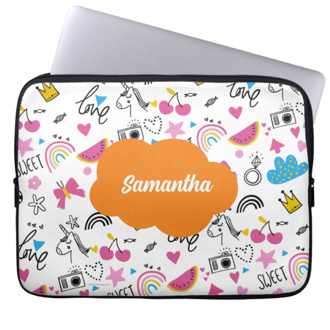 Cute Girly First Name pink back to school script Laptop Sleeve (Front)