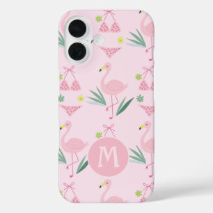 Cute Girly Flamingo and Bikini Pink Monogram iPhone 16 Case