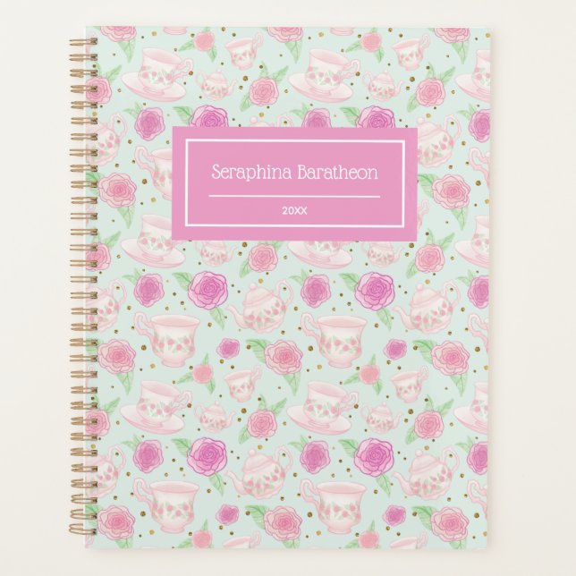 Cute Girly Floral Tea Cups Pattern Personalised Planner (Front)
