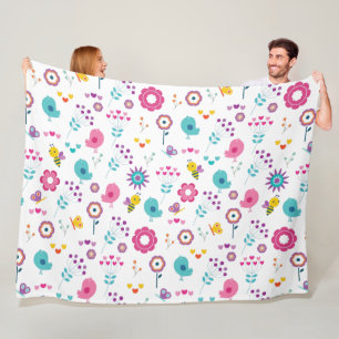Cute Girly Flower Garden with Birds and Bees Fleece Blanket