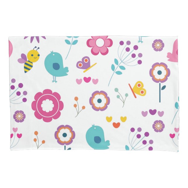 Cute Girly Flower Garden with Birds and Bees Pillowcase (Front-Left)