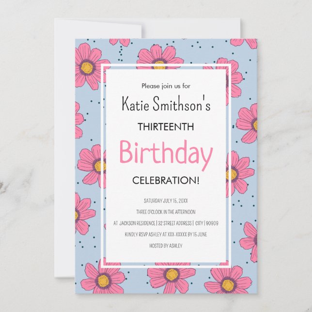 Cute Girly Flowers Pastel Pink & Blue Birthday Inv Invitation (Front)