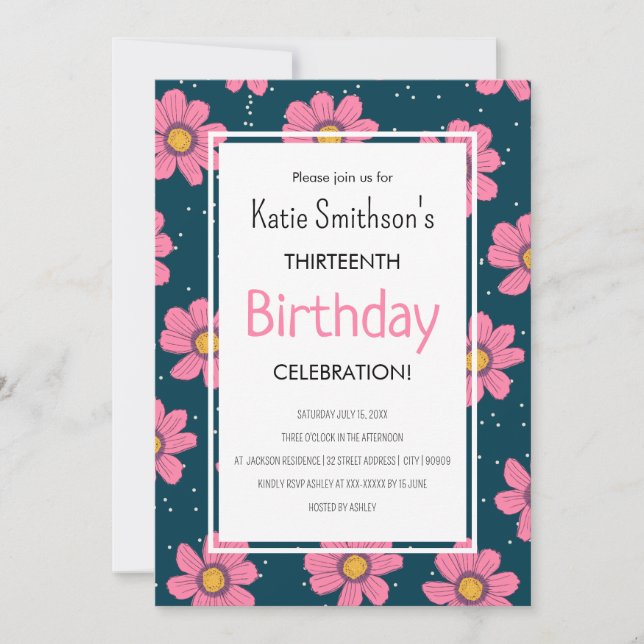 Cute Girly Flowers Pastel Pink & Blue Birthday Invitation (Front)