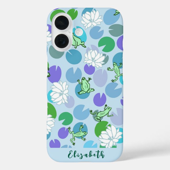 Cute girly frog art with blue waterlilies custom Case-Mate iPhone case (Back)