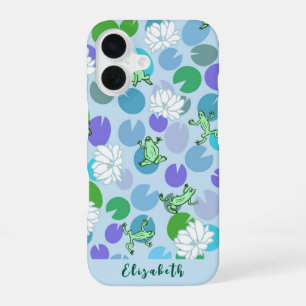 Cute girly frog art with blue waterlilies custom iPhone 16 case