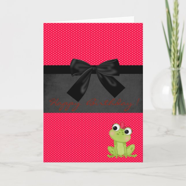 Cute Girly Frog On Red Polka Dots ,Birthday Card (Front)