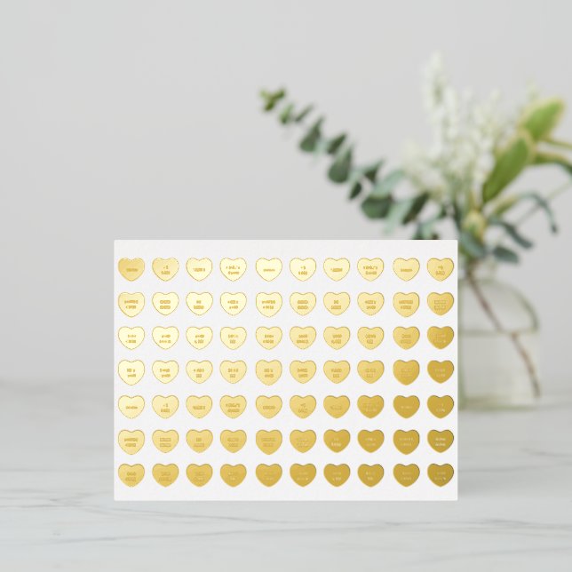 Cute girly fun custom conversation candy hearts foil holiday postcard (Standing Front)