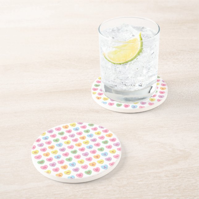 Cute girly fun custom conversation hearts pattern coaster (Side)