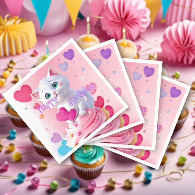 Cute Girly Fun White Kitten Cupcake Birthday Party Napkin (Creator Uploaded)