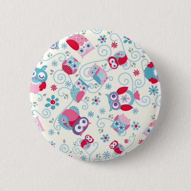cute girly funny faces owls flowers swirls pattern 6 cm round badge (Front)