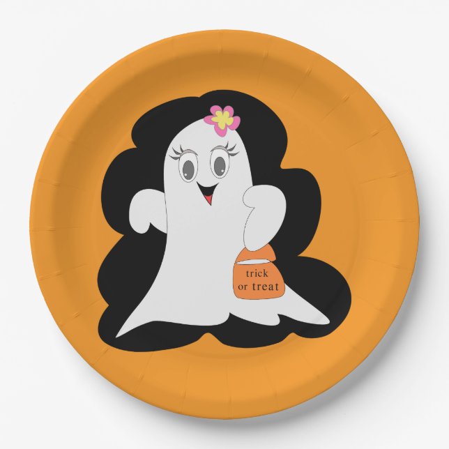 Cute Girly Ghost Halloween Trick or Treat Paper Plate (Front)