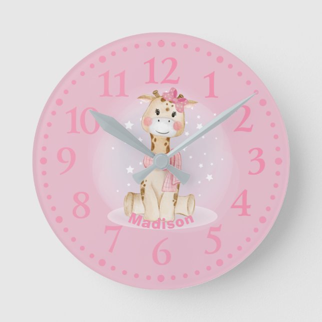 Cute  Girly Giraffe Pink Round Clock (Front)