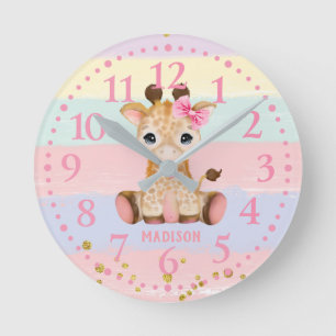 Cute Girly Giraffe Rainbow Round Clock