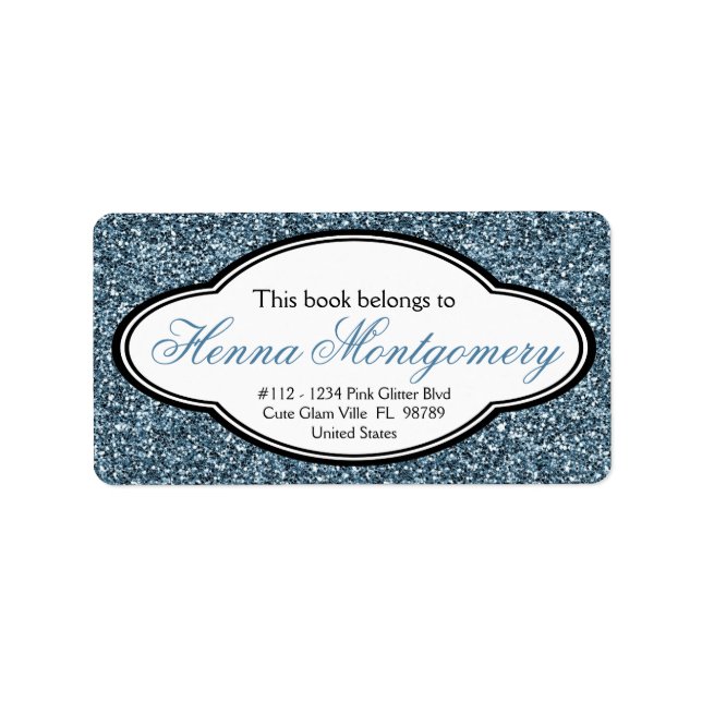 Cute Girly Glitter Look  BLUE Bookplate Label (Front)