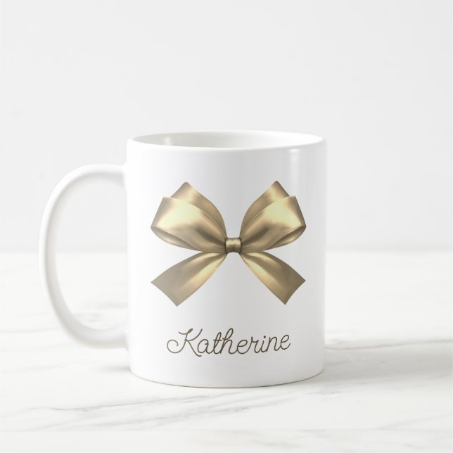 Cute Girly Gold Aesthetic Bow Name Coffee Mug (Left)