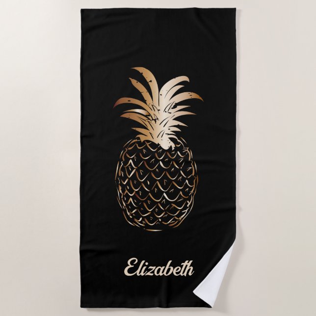 Cute Girly Gold and black Pineapple - Personalised Beach Towel (Front)