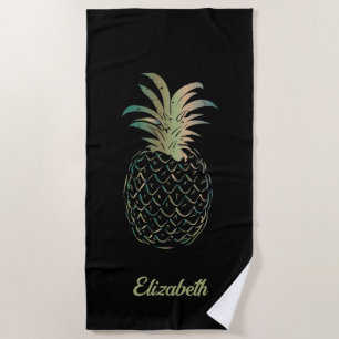 Cute Girly Gold and Green Pineapple - Personalised Beach Towel