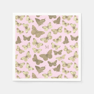 Cute Girly Gold Pink Butterfly Pattern Monogram Napkin