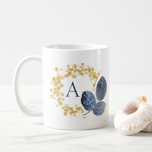 Cute Girly Gold Sparkle & Blue Leaf Monogram Name Coffee Mug (With Donut)