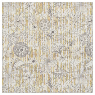 Cute Girly Gray Floral Doodles Gold Stripes Design Fabric