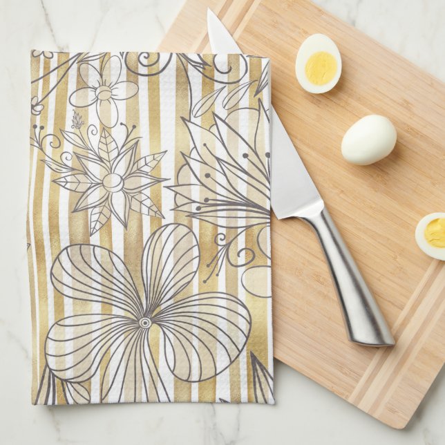 Cute Girly Gray Floral Doodles Gold Stripes Design Tea Towel (Quarter Fold)