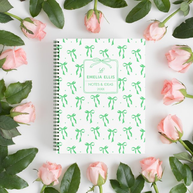 Cute Girly Green and White Coquette Bows Monogram Notebook (Creator Uploaded)