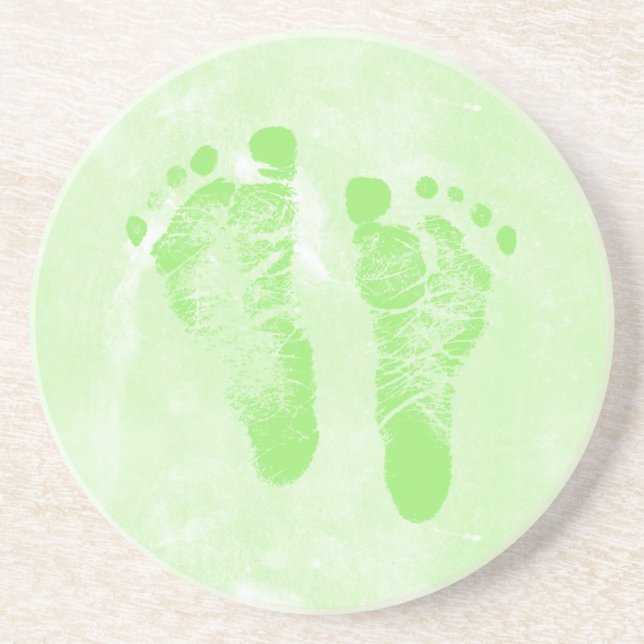 Cute Girly Green New Baby Footprints Coaster (Front)