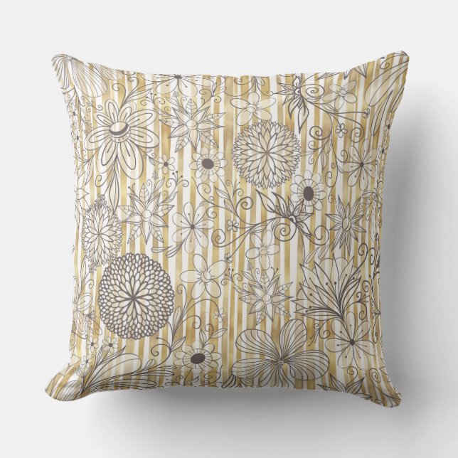 Cute Girly Grey Floral Doodles Gold Stripes Design Cushion (Front)