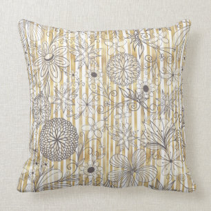 Cute Girly Grey Floral Doodles Gold Stripes Design Cushion