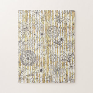 Cute Girly Grey Floral Doodles Gold Stripes Design Jigsaw Puzzle