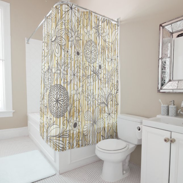 Cute Girly Grey Floral Doodles Gold Stripes Design Shower Curtain (In Situ)