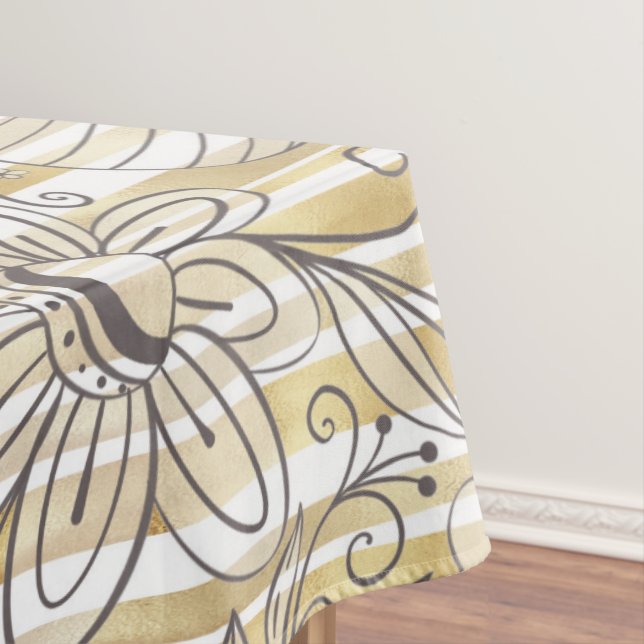 Cute Girly Grey Floral Doodles Gold Stripes Design Tablecloth (In Situ)