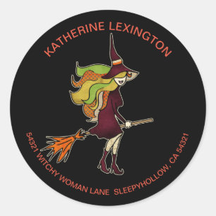 Cute Girly Halloween Witch Broomstick Address Classic Round Sticker