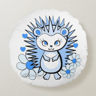 Cute Girly Hedgehog Lt Blue Round Cushion