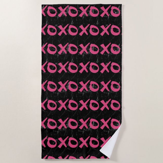 Cute girly hot pink black marble xoxo hugs kisses beach towel (Front)