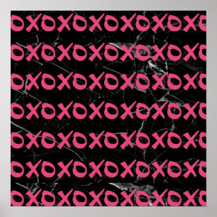 Cute girly hot pink black marble xoxo hugs kisses poster