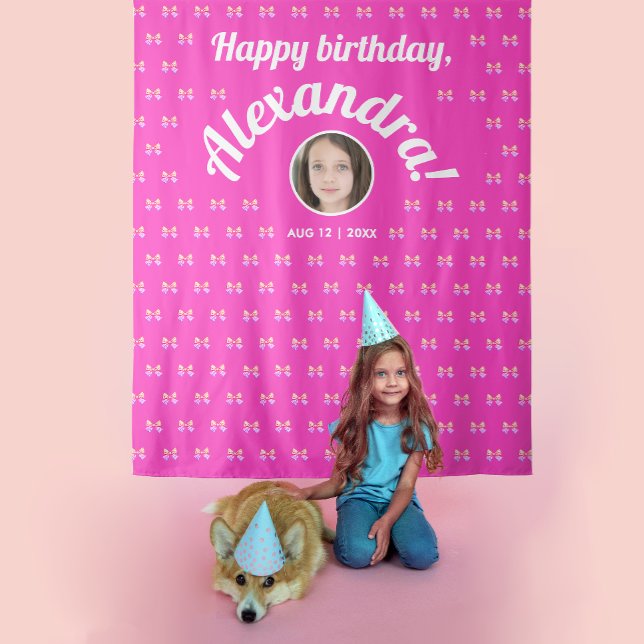Cute Girly Hot Pink Bow Pattern Photo Bday Welcome Tapestry (Creator Uploaded)