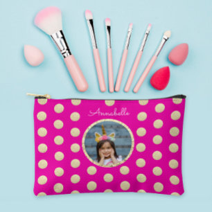 Cute Girly Hot Pink Gold Glitter Photo And Name Accessory Pouch