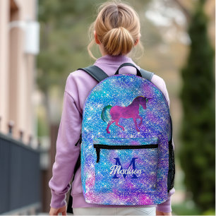 Cute girly iridescent unicorn blue purple glitter printed backpack