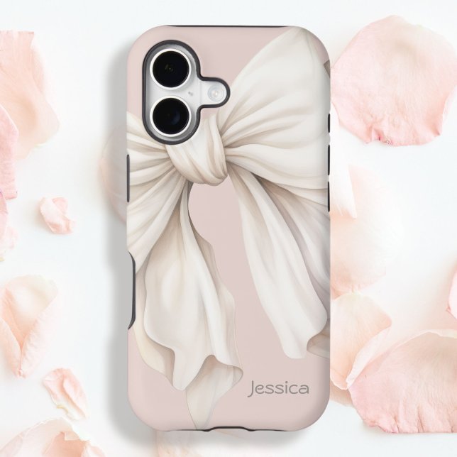 Cute Girly Ivory White Bow on Blush Pink with Name (Creator Uploaded)