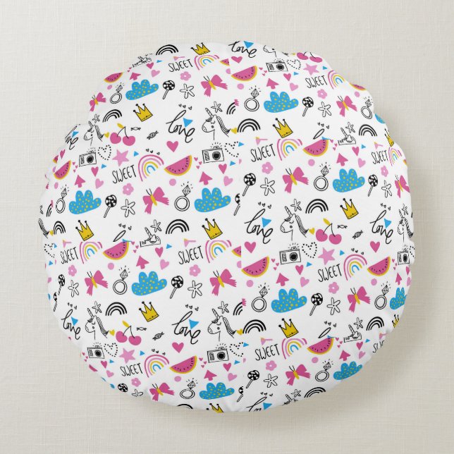 Cute Girly Kids Unicorn Rainbow Butterflies Hearts Round Cushion (Front)