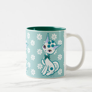 Cute Girly Kitty Cat Aqua Blue Two-Tone Coffee Mug